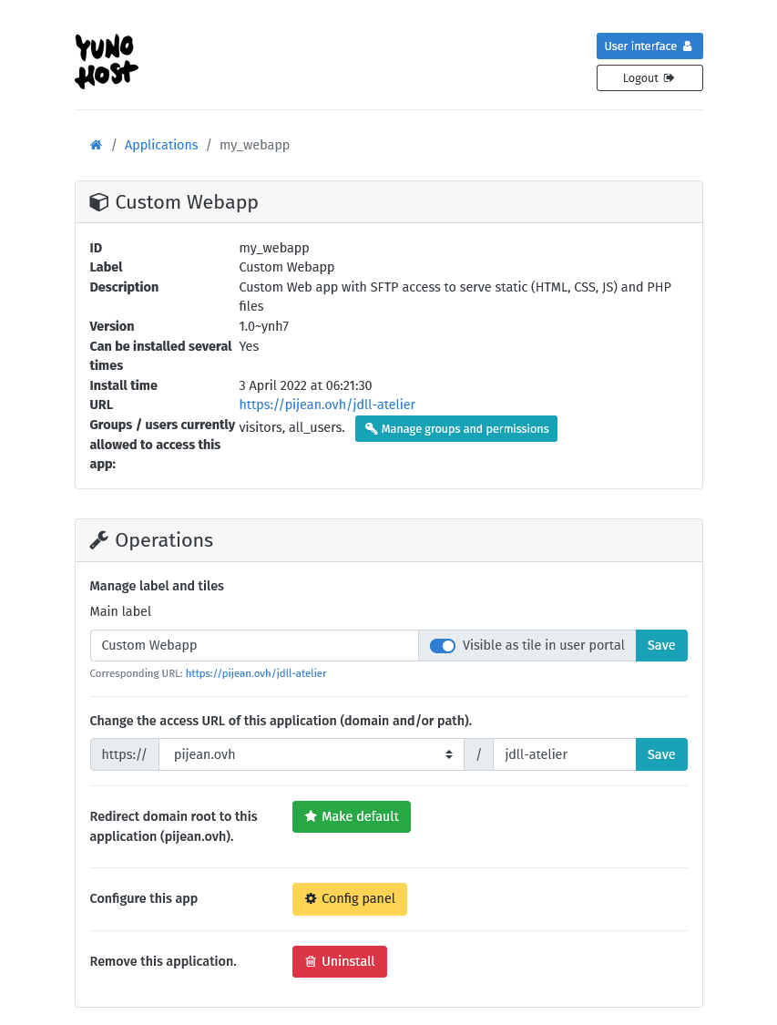 Application operations page in the webadmin